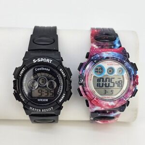 2X Digital Sports Girls Watches 37MM Black Multicolor Case Plastic Bands WORKING